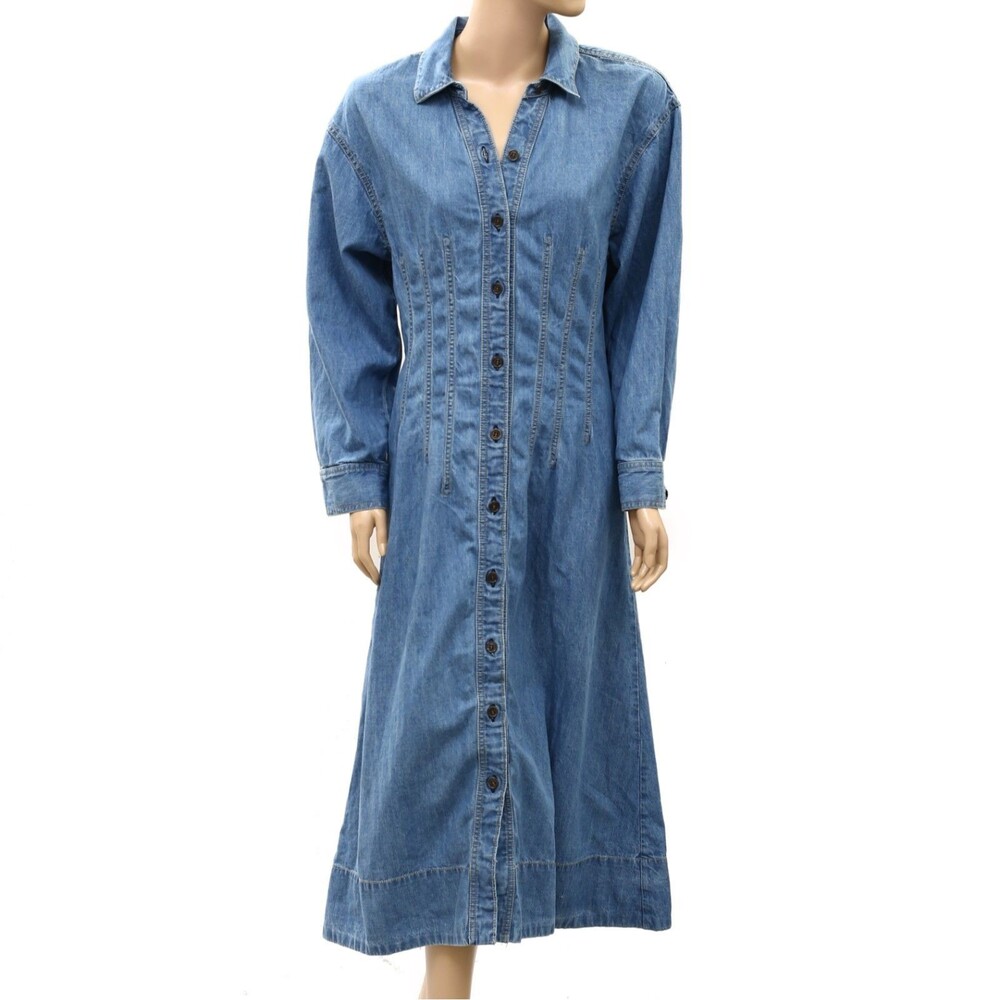 Free People Velverie Denim Midi Dress Collared Long Sleeves Cotton S 291064
